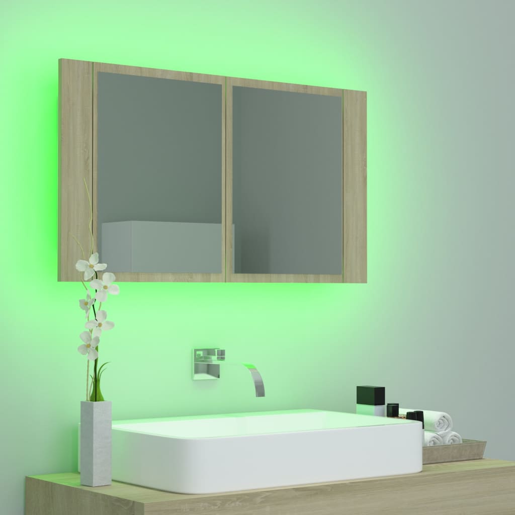 Veidrodinė vonios spintelė su LED, ąžuolo, 80x12x45cm