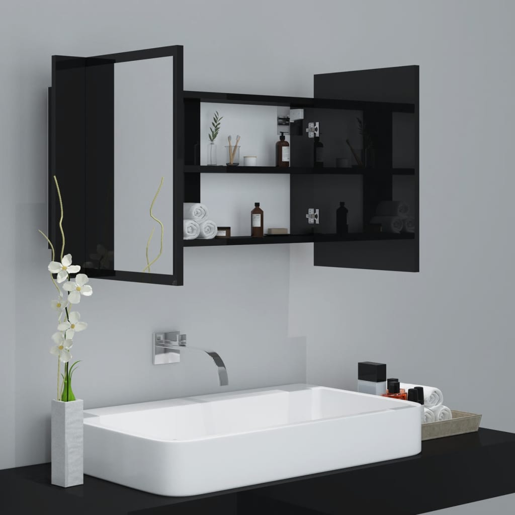 Veidrodinė vonios spintelė su LED, juoda, 80x12x45cm, akrilas