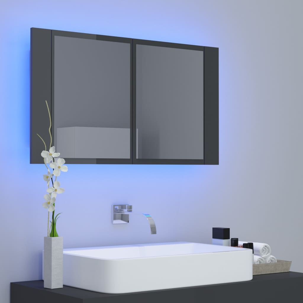 Veidrodinė vonios spintelė su LED, pilka, 80x12x45cm, blizgi