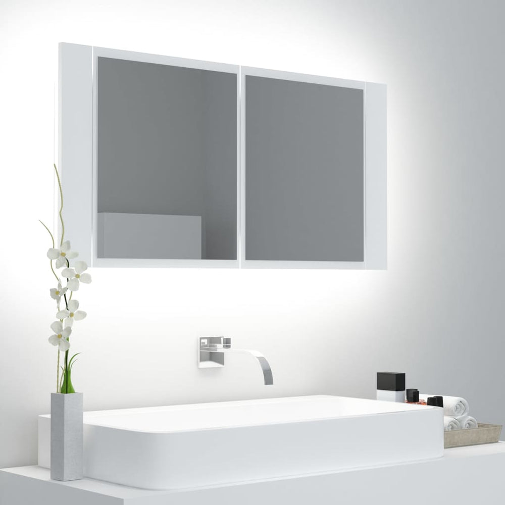Veidrodinė vonios spintelė su LED, balta, 90x12x45cm