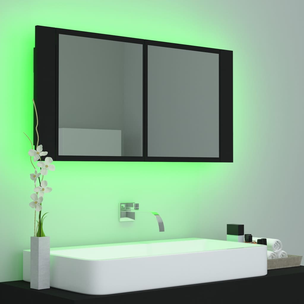 Veidrodinė vonios spintelė su LED, juoda, 90x12x45cm