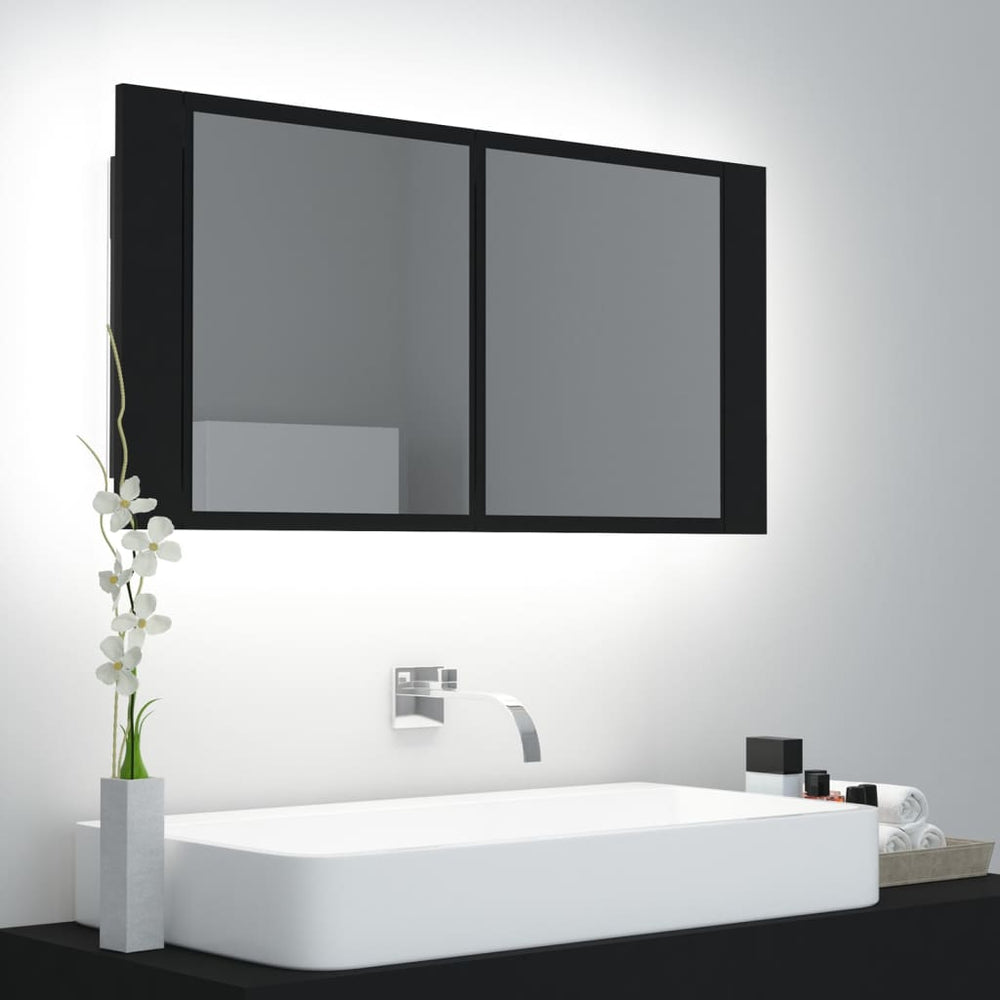 Veidrodinė vonios spintelė su LED, juoda, 90x12x45cm