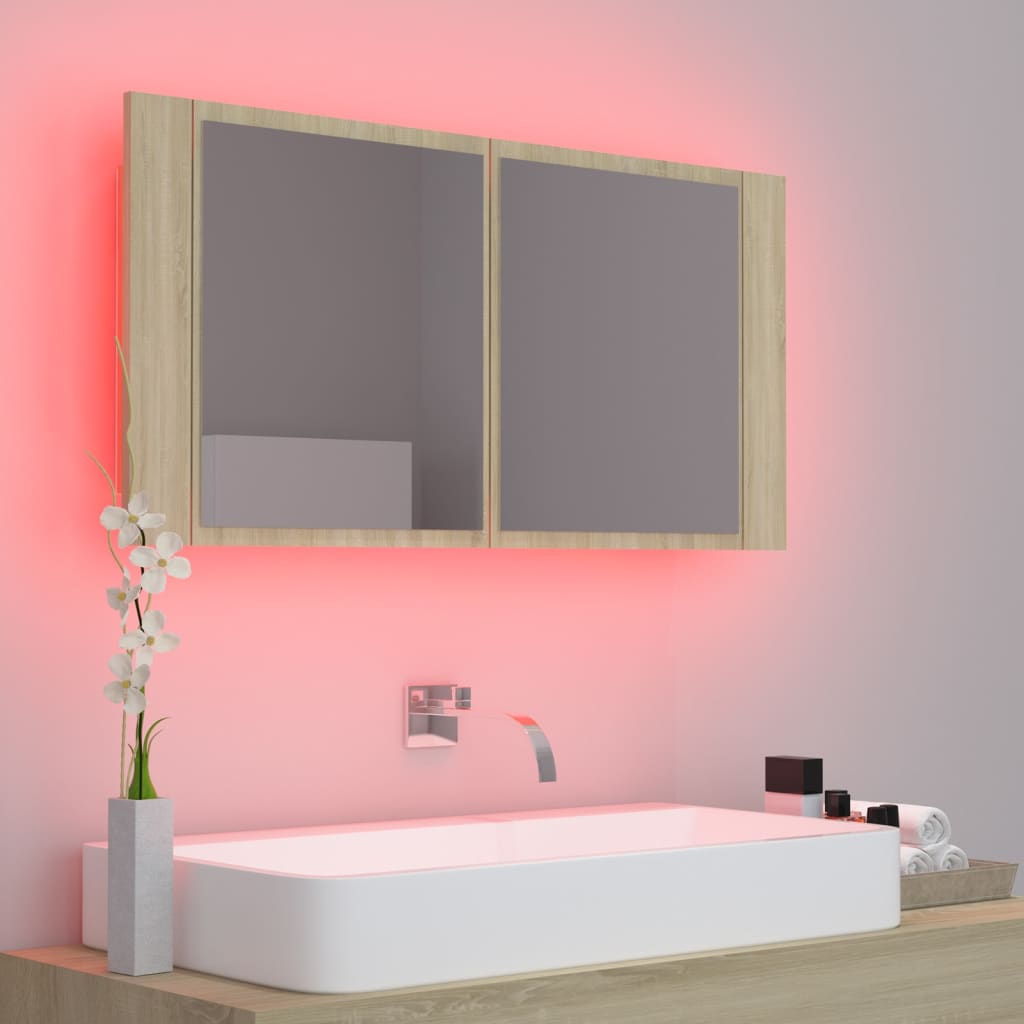 Veidrodinė vonios spintelė su LED, ąžuolo, 90x12x45cm