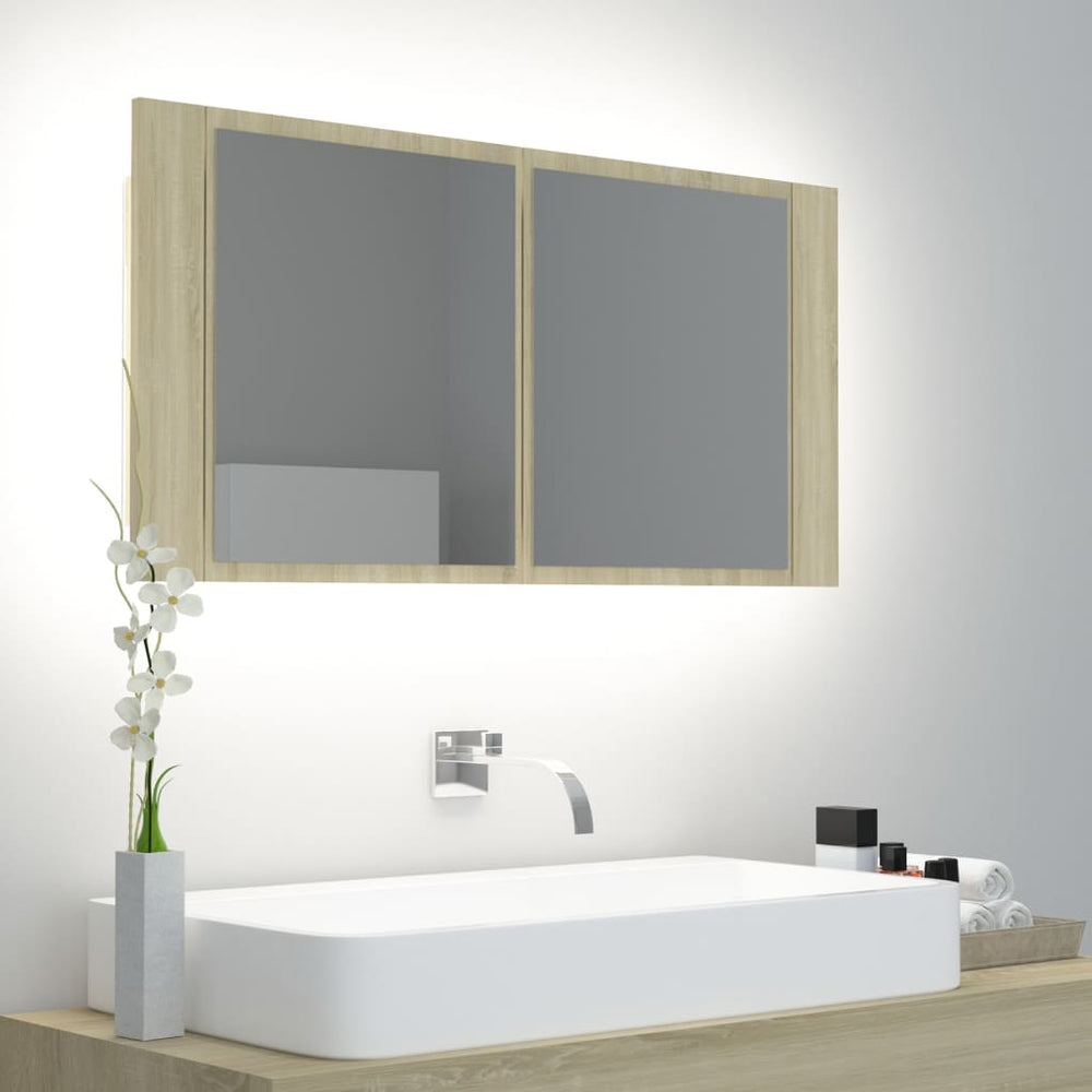 Veidrodinė vonios spintelė su LED, ąžuolo, 90x12x45cm