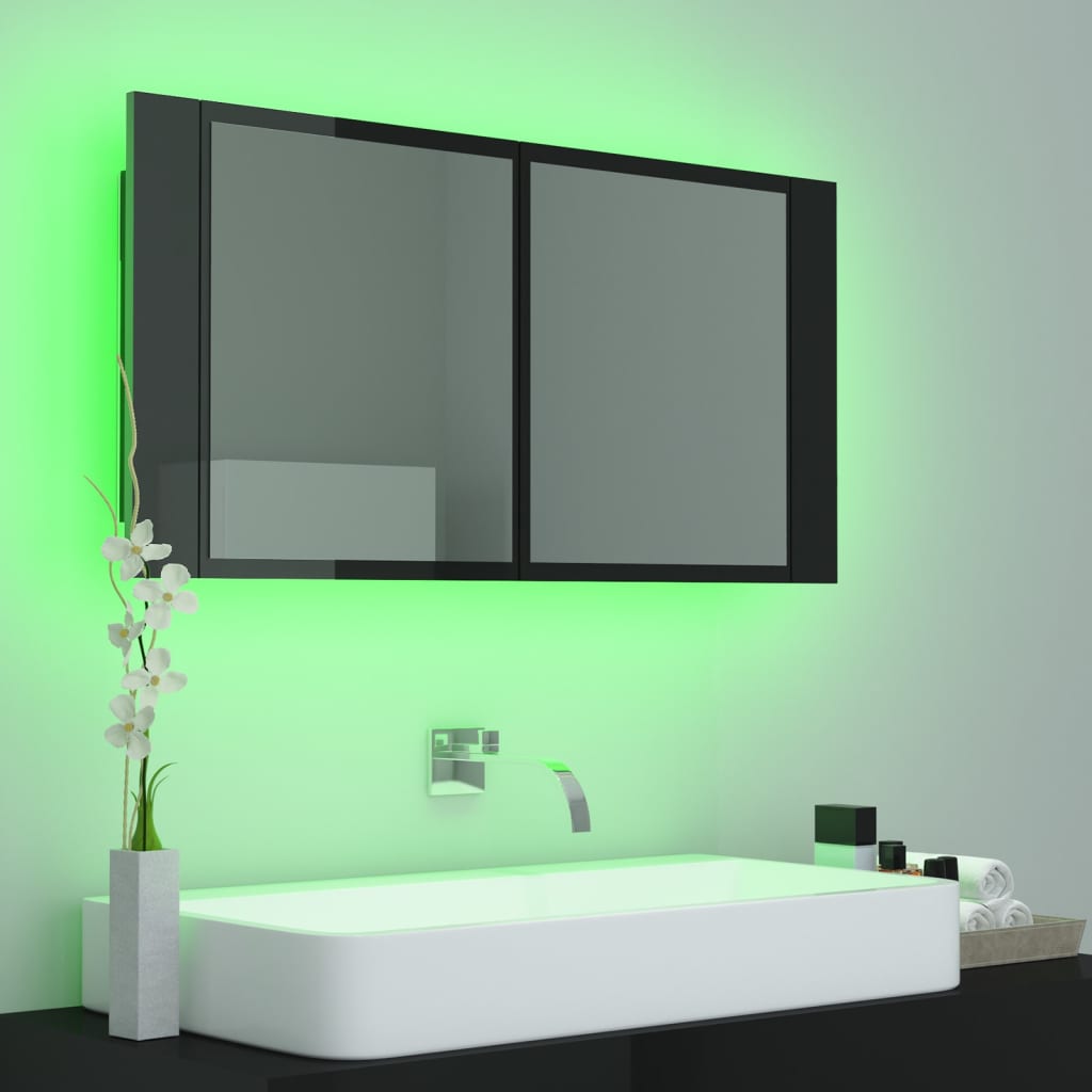 Veidrodinė vonios spintelė su LED, juoda, 90x12x45cm, blizgi