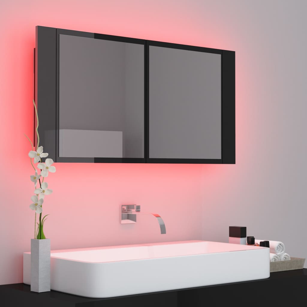 Veidrodinė vonios spintelė su LED, juoda, 90x12x45cm, blizgi