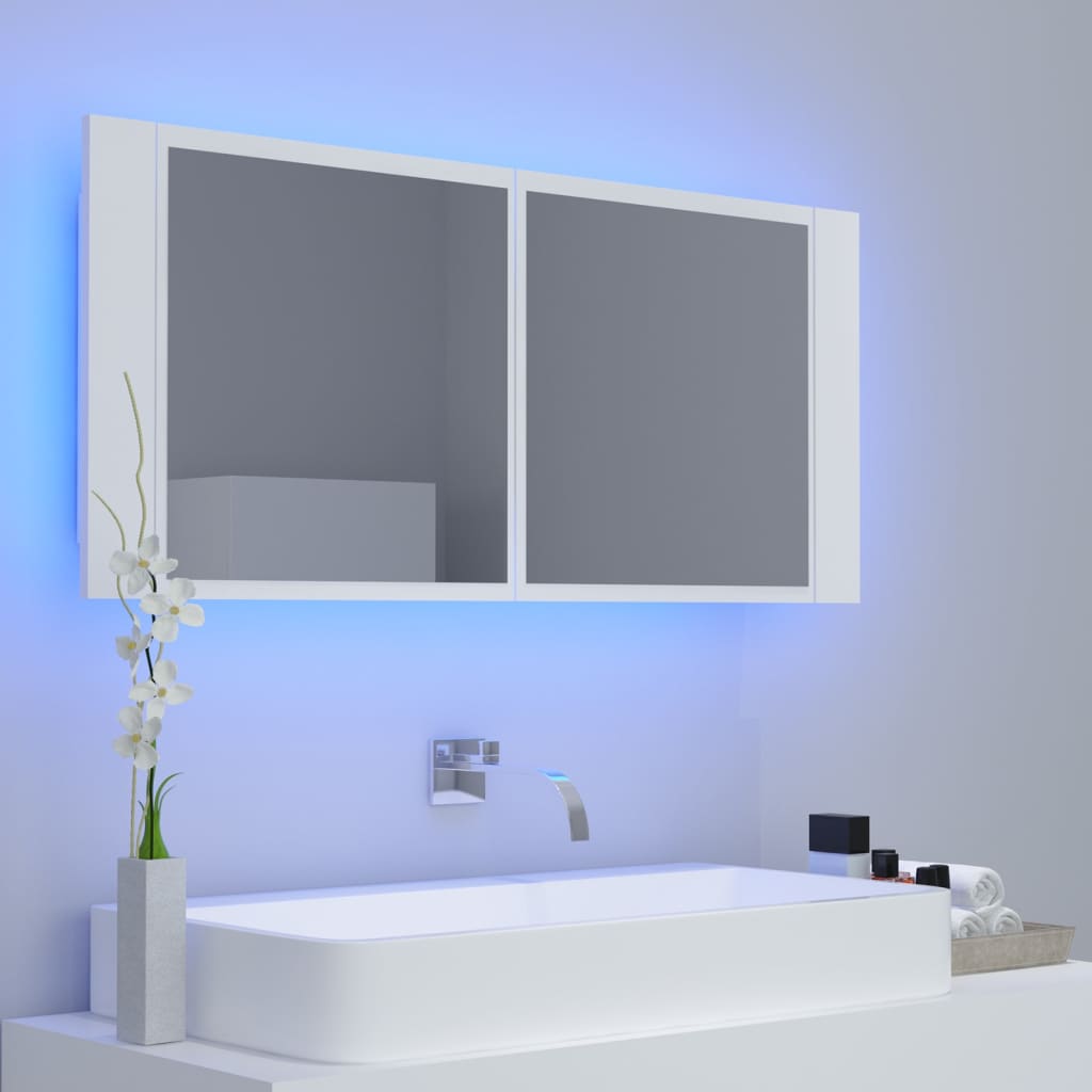 Veidrodinė vonios spintelė su LED, balta, 100x12x45 cm