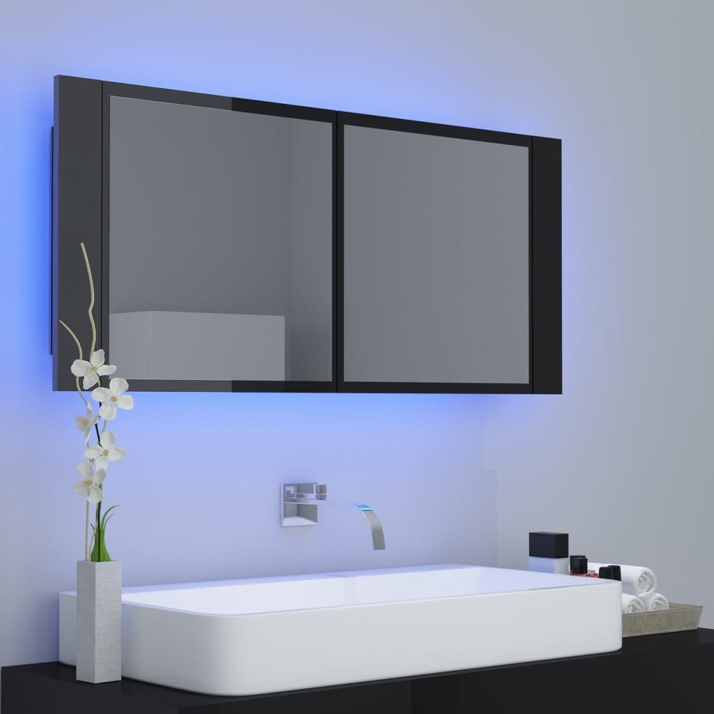 Veidrodinė vonios spintelė su LED, juoda, 100x12x45cm, blizgi