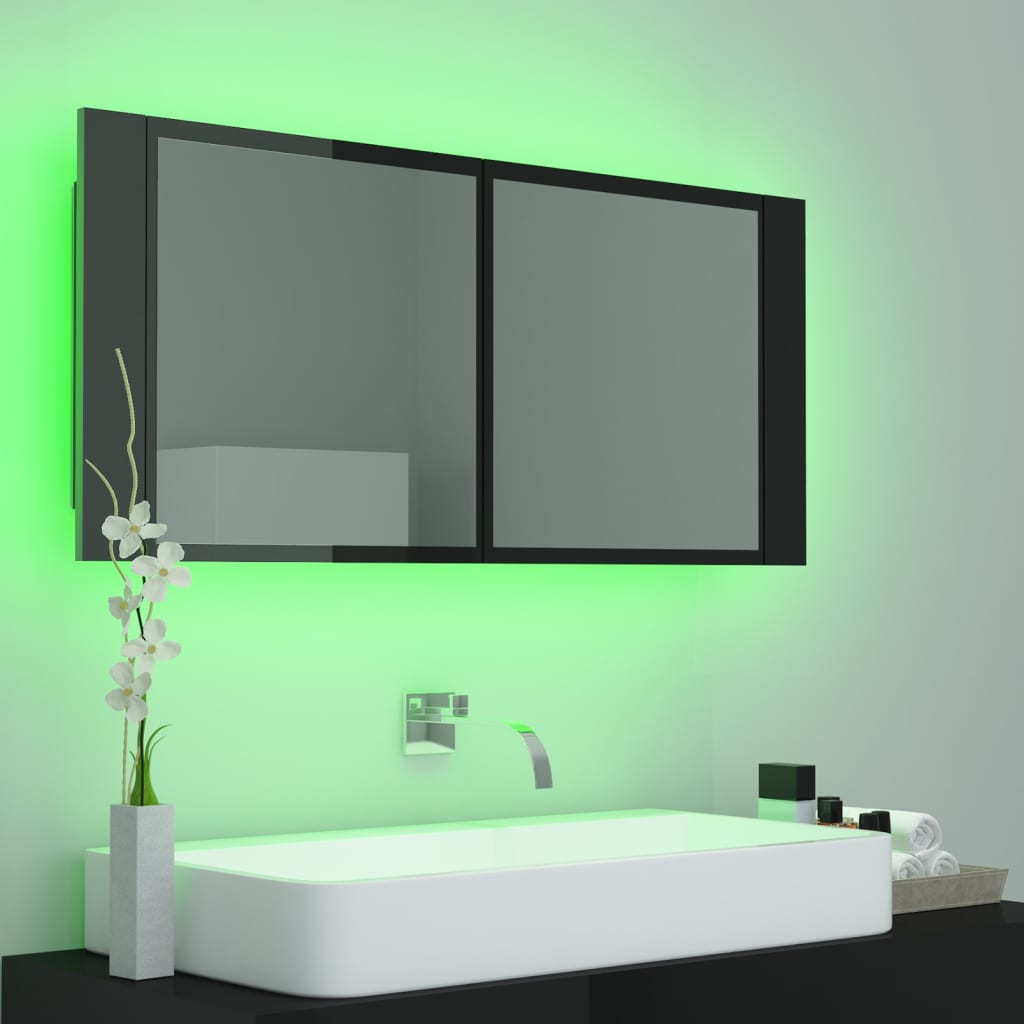 Veidrodinė vonios spintelė su LED, juoda, 100x12x45cm, blizgi
