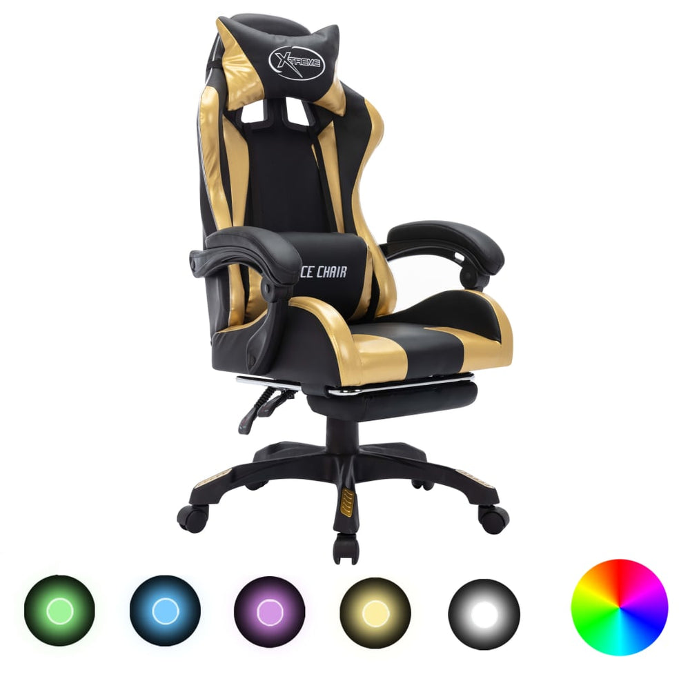 Žaidimų kėdė su LED lemputėmis, auksinė ir juoda, dirbtinė oda