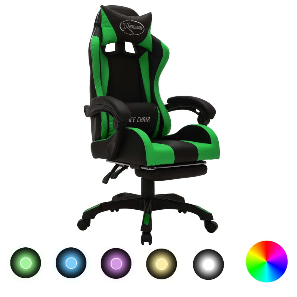 Žaidimų kėdė su LED lemputėmis, žalia ir juoda, dirbtinė oda
