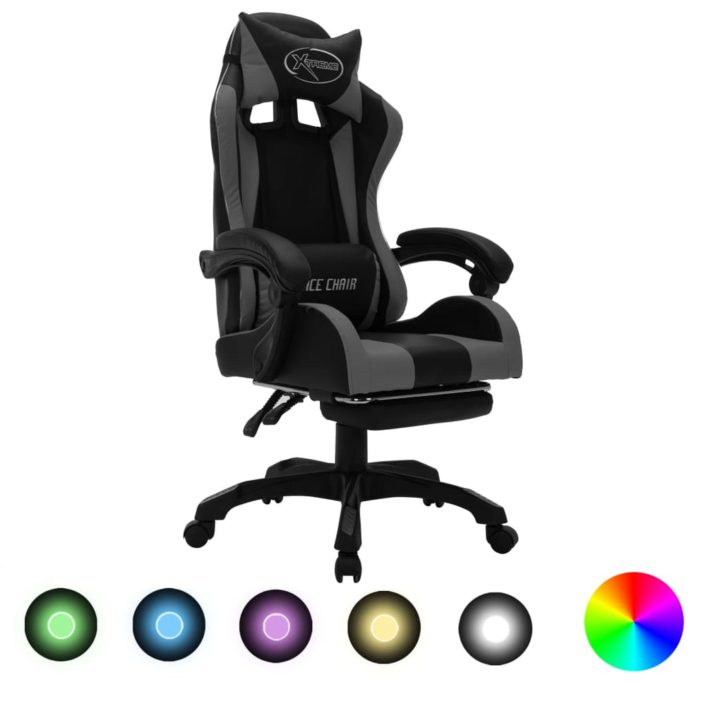 Žaidimų kėdė su LED lemputėmis, pilka ir juoda, dirbtinė oda