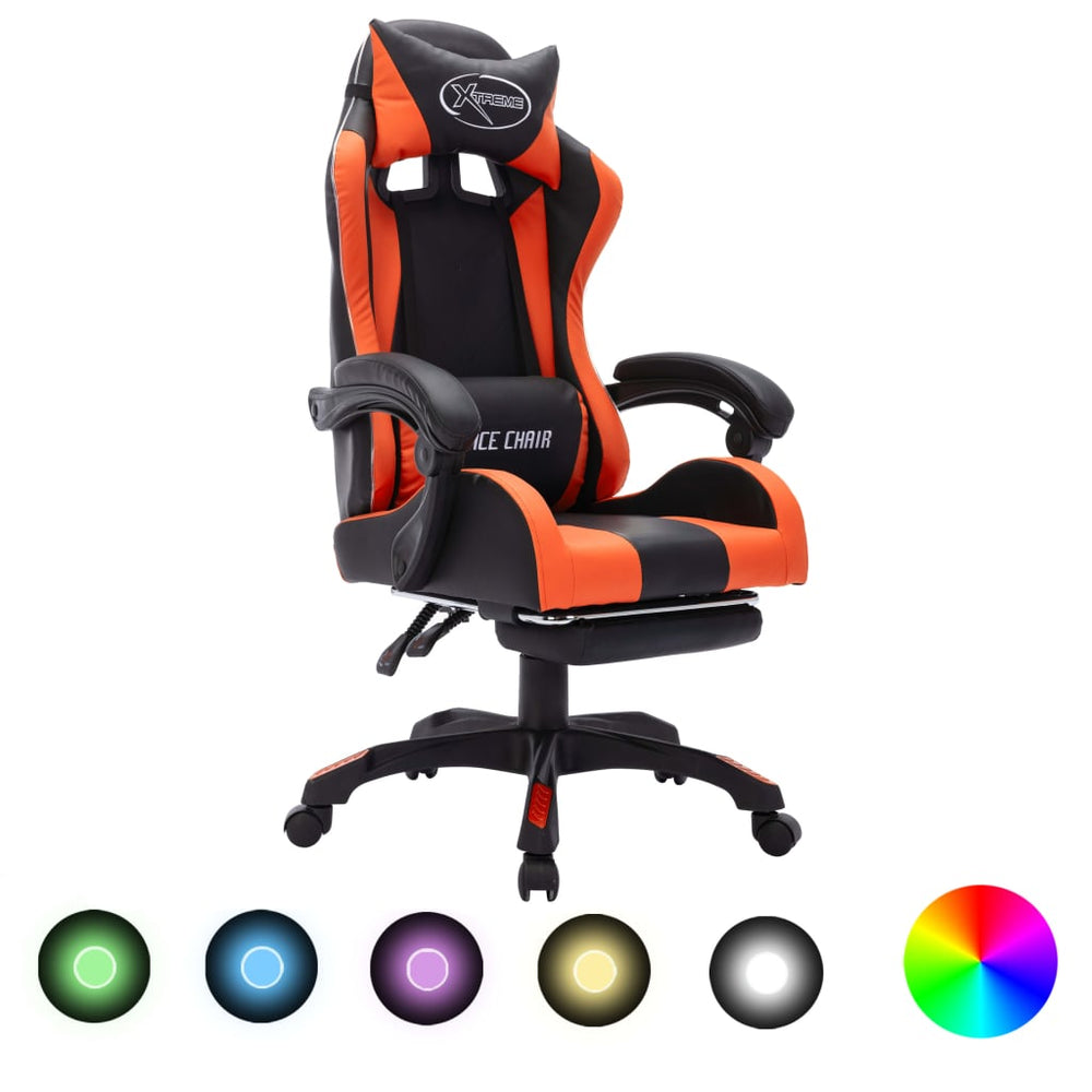 Žaidimų kėdė su LED lemputėmis, oranžinė ir juoda, dirbtinė oda