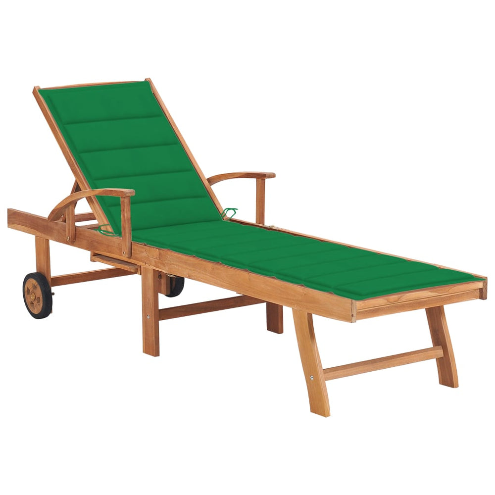Saulės gultas su žaliu čiužiniu, tikmedžio medienos masyvas