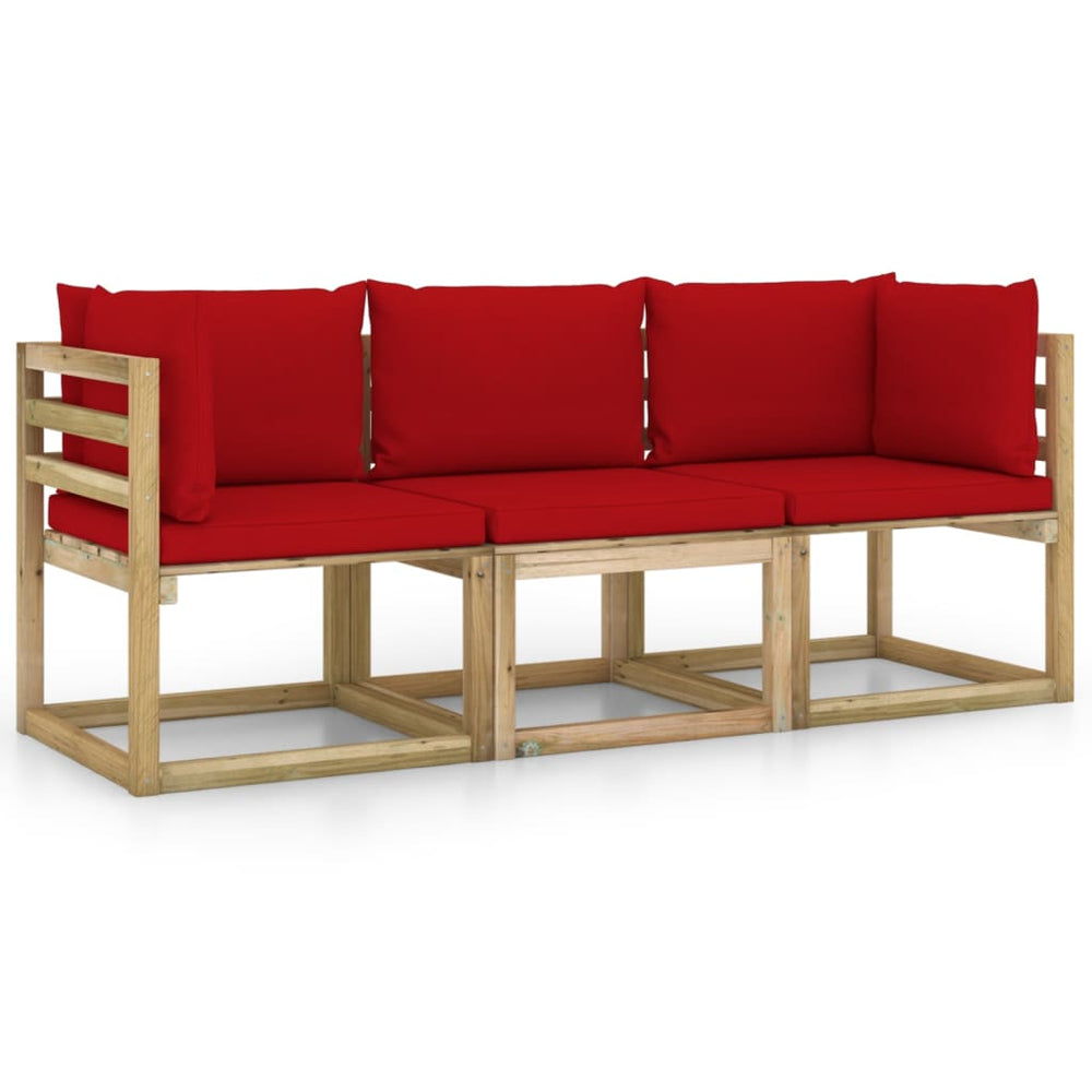 Trivietė sodo sofa su raudonomis pagalvėlėmis