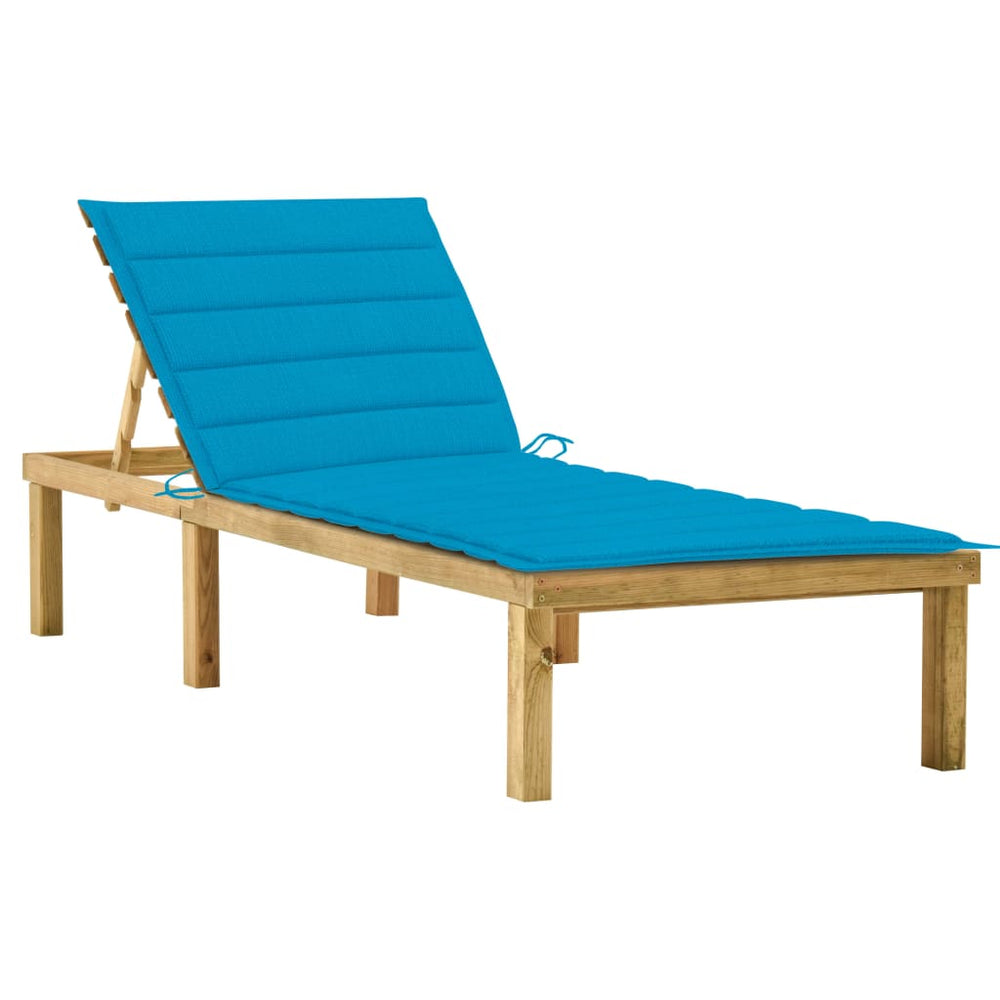 Saulės gultas su mėlynu čiužinuku, impregnuota pušies mediena