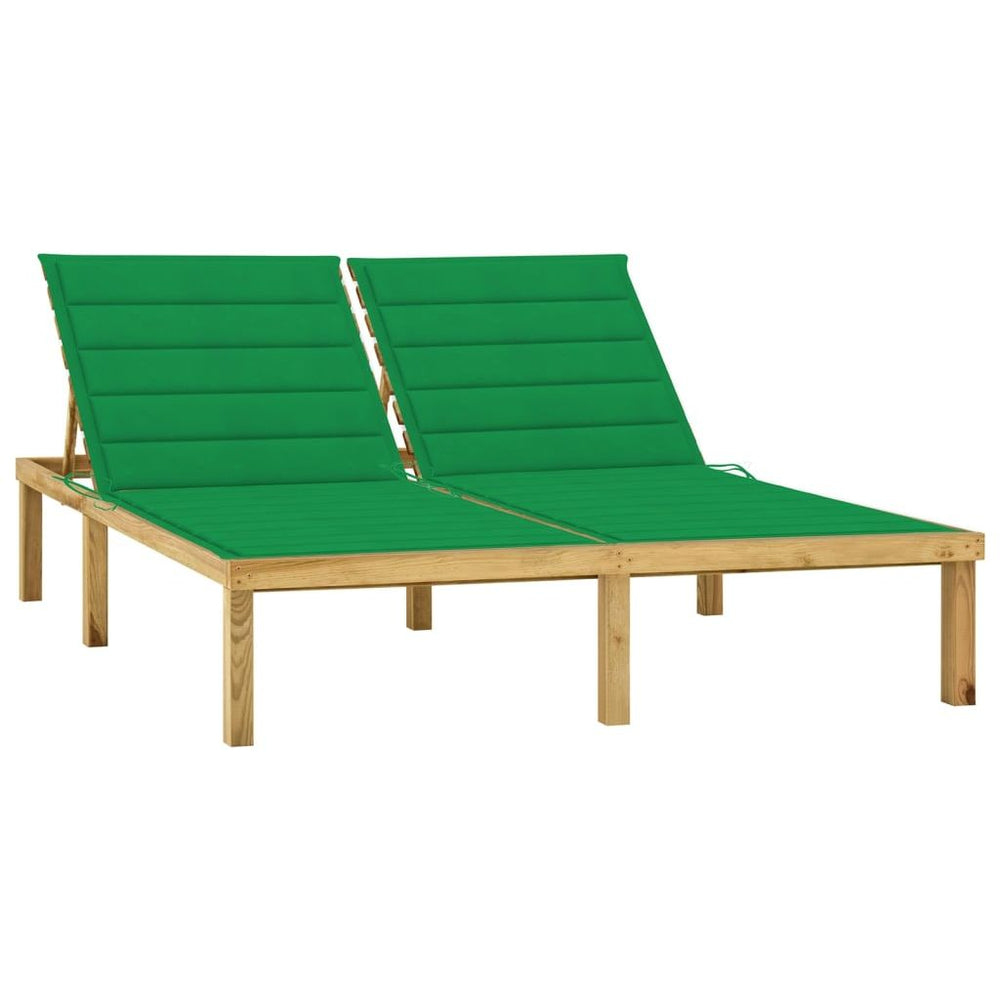Dvivietis saulės gultas su žaliais čiužinukais, pušies mediena