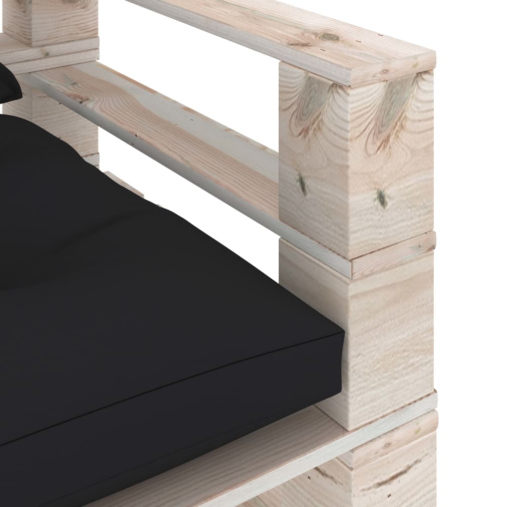 Sodo sofa iš palečių su juodomis pagalvėlėmis, pušies mediena