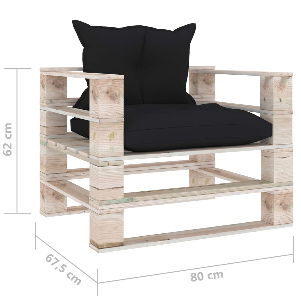 Sodo sofa iš palečių su juodomis pagalvėlėmis, pušies mediena