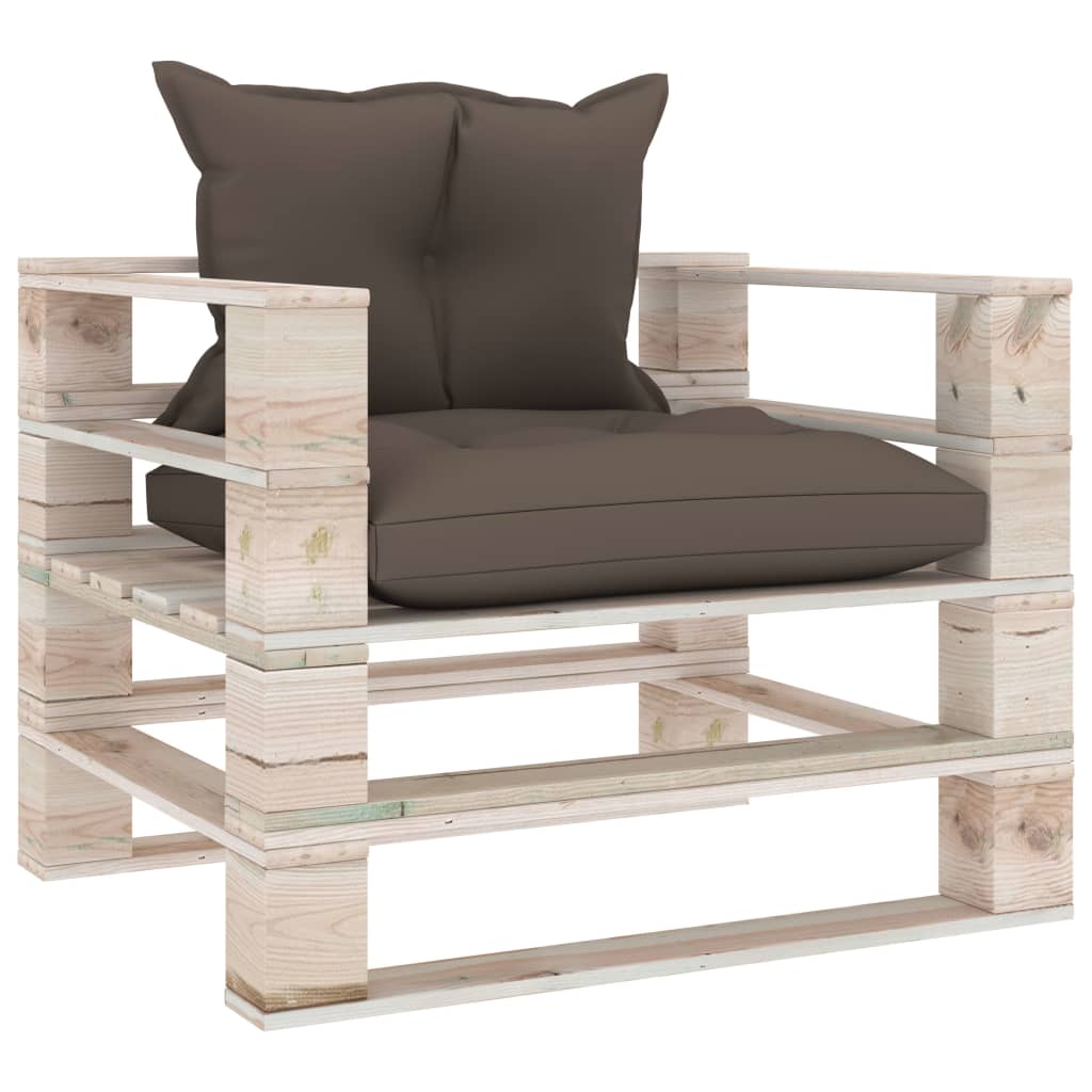Sodo sofa iš palečių su taupe pagalvėlėmis, pušies mediena