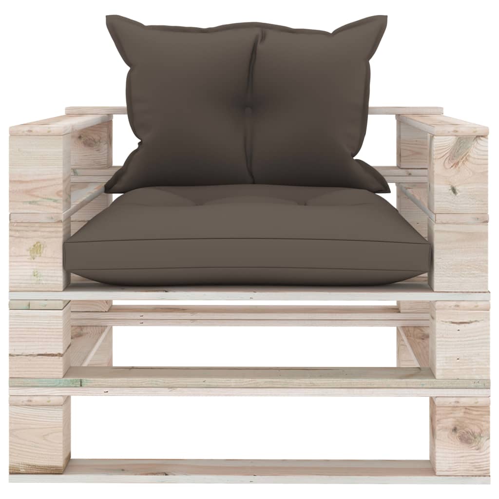 Sodo sofa iš palečių su taupe pagalvėlėmis, pušies mediena