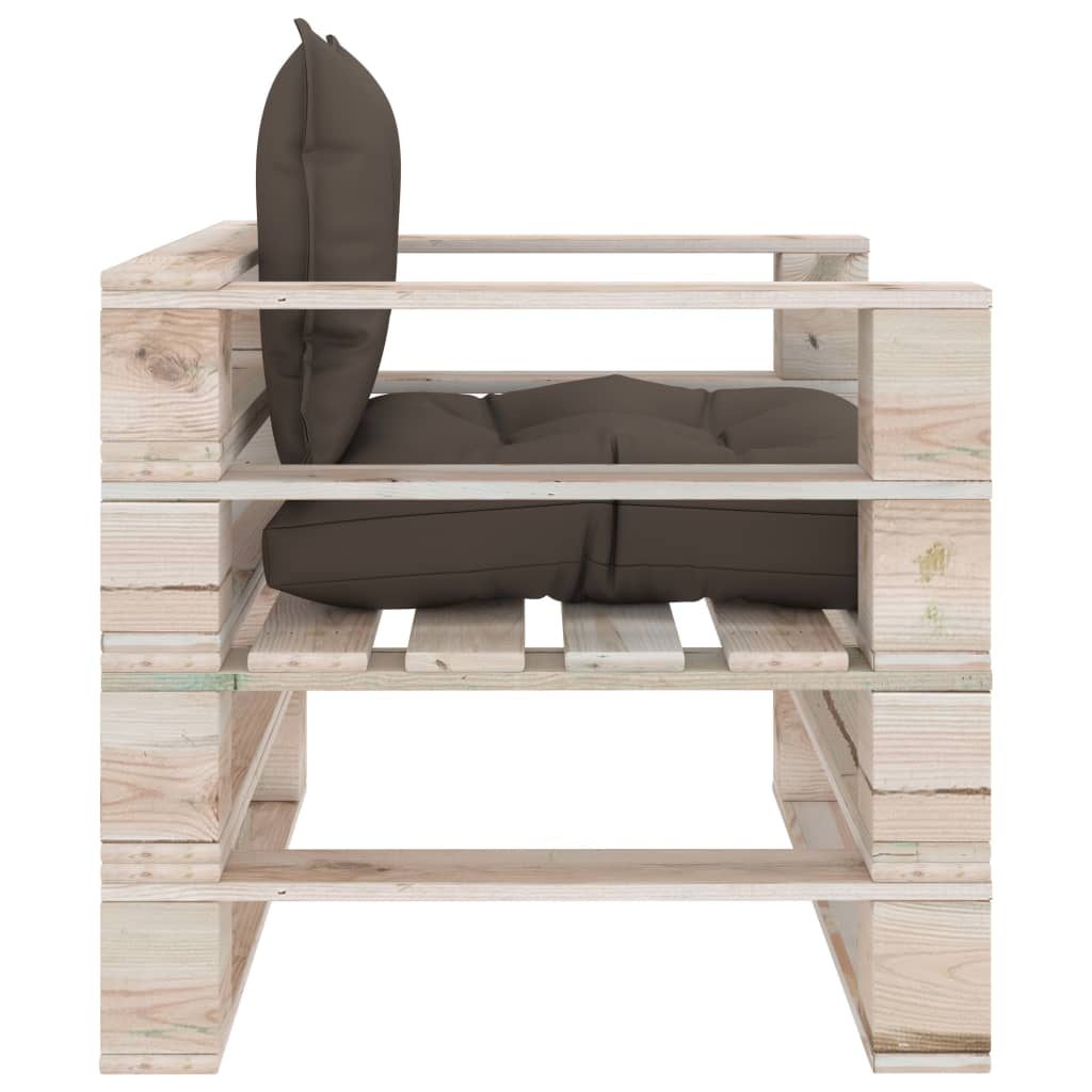 Sodo sofa iš palečių su taupe pagalvėlėmis, pušies mediena