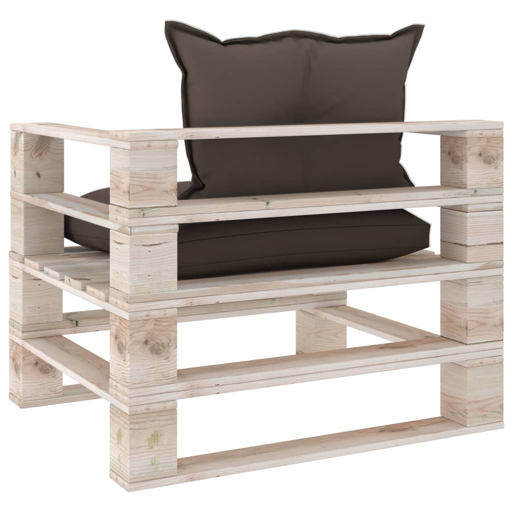 Sodo sofa iš palečių su taupe pagalvėlėmis, pušies mediena