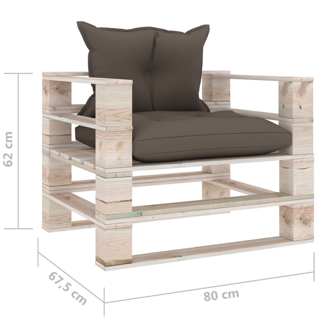 Sodo sofa iš palečių su taupe pagalvėlėmis, pušies mediena