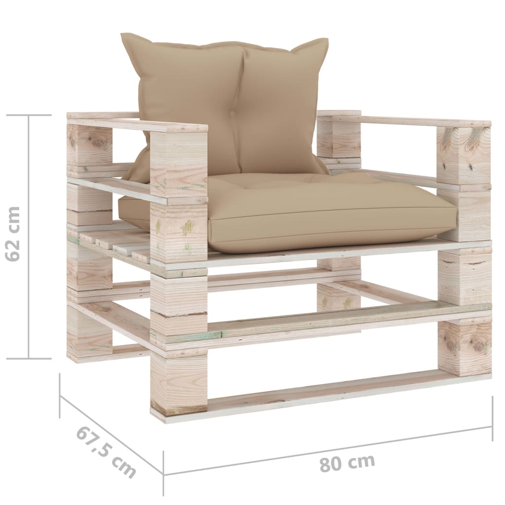 Sodo sofa iš palečių su smėlio pagalvėlėmis, pušies mediena