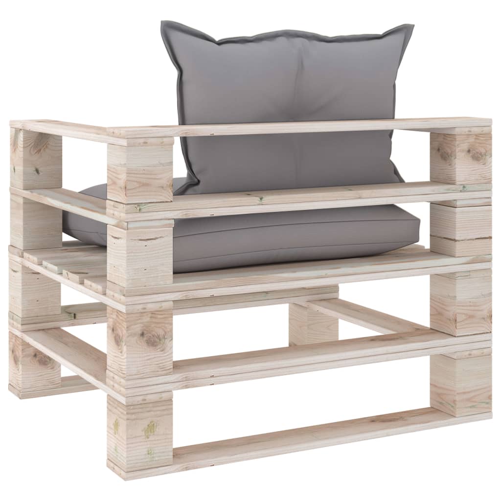 Sodo sofa iš palečių su pilkomis pagalvėlėmis, pušies mediena