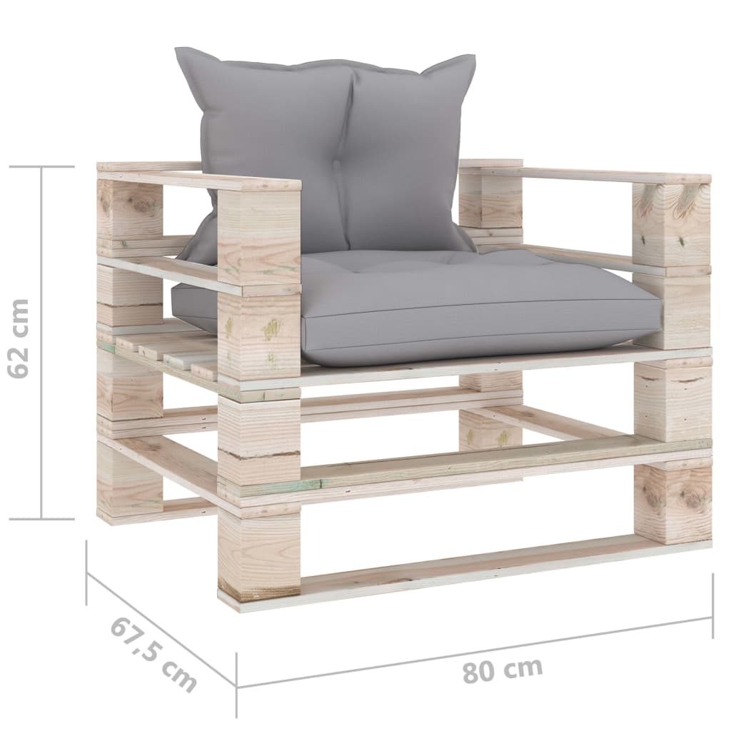 Sodo sofa iš palečių su pilkomis pagalvėlėmis, pušies mediena