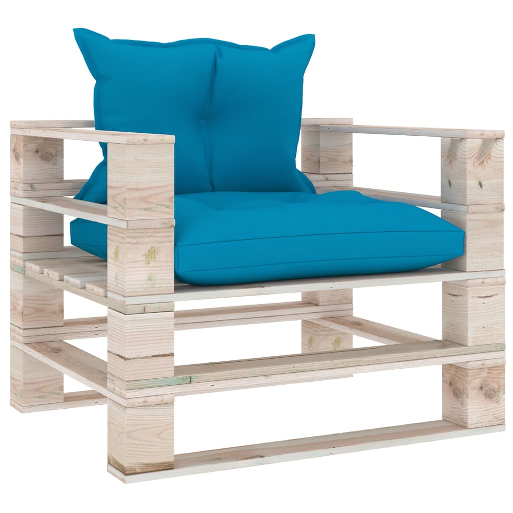 Sodo sofa iš palečių su mėlynomis pagalvėlėmis, pušies mediena