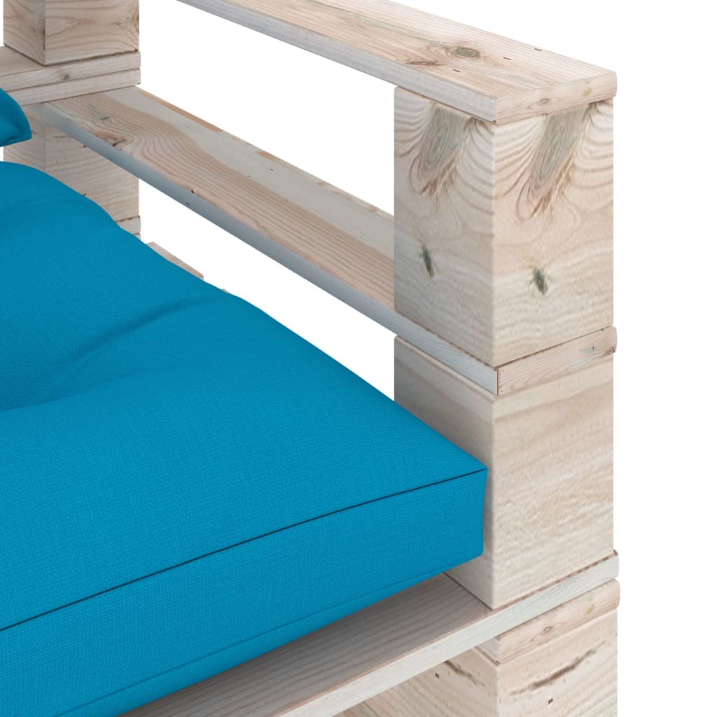 Sodo sofa iš palečių su mėlynomis pagalvėlėmis, pušies mediena