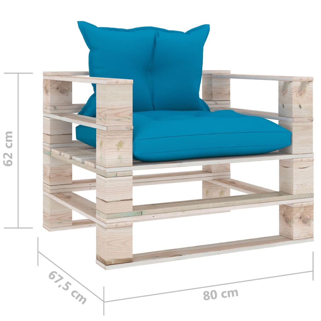 Sodo sofa iš palečių su mėlynomis pagalvėlėmis, pušies mediena