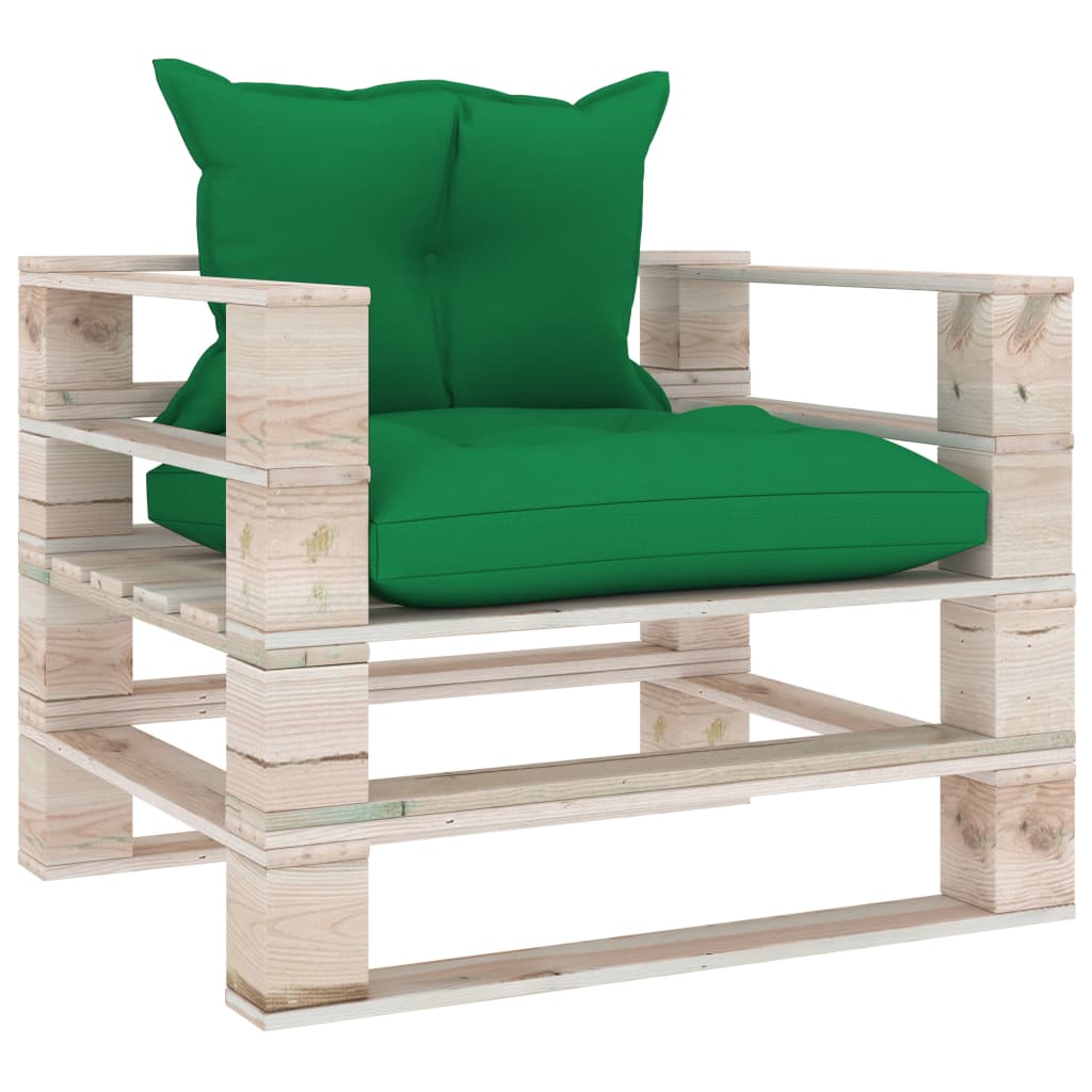 Sodo sofa iš palečių su žaliomis pagalvėlėmis, pušies mediena