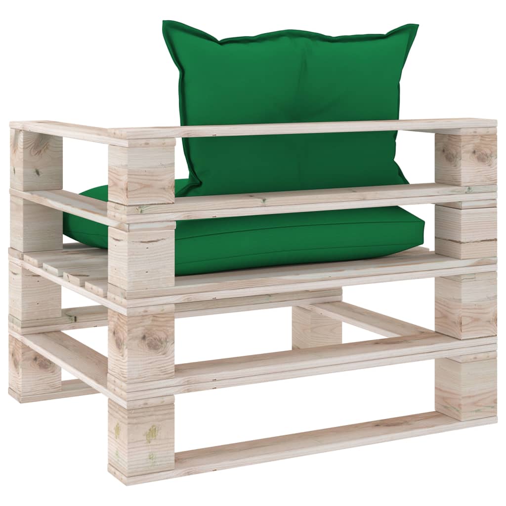 Sodo sofa iš palečių su žaliomis pagalvėlėmis, pušies mediena