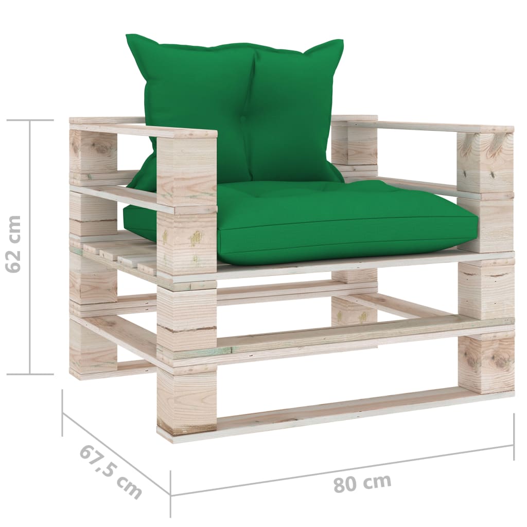 Sodo sofa iš palečių su žaliomis pagalvėlėmis, pušies mediena