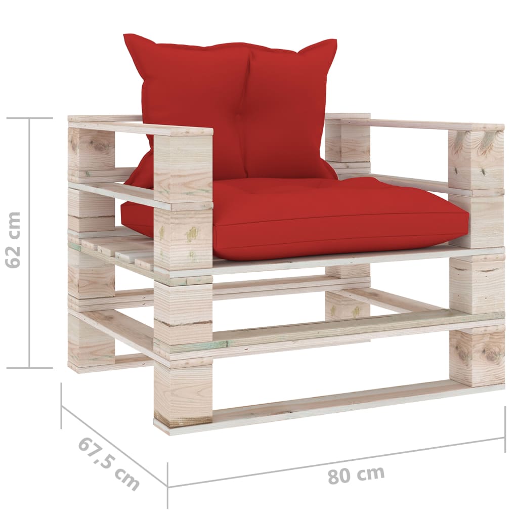 Sodo sofa iš palečių su raudonomis pagalvėlėmis, pušies mediena