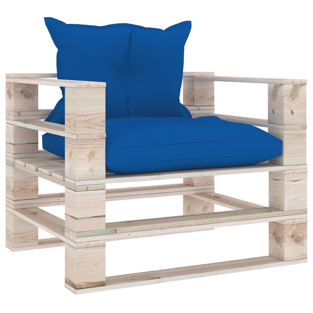 Sodo sofa iš palečių su mėlynomis pagalvėlėmis, pušies mediena
