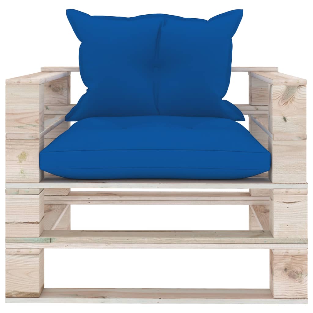 Sodo sofa iš palečių su mėlynomis pagalvėlėmis, pušies mediena