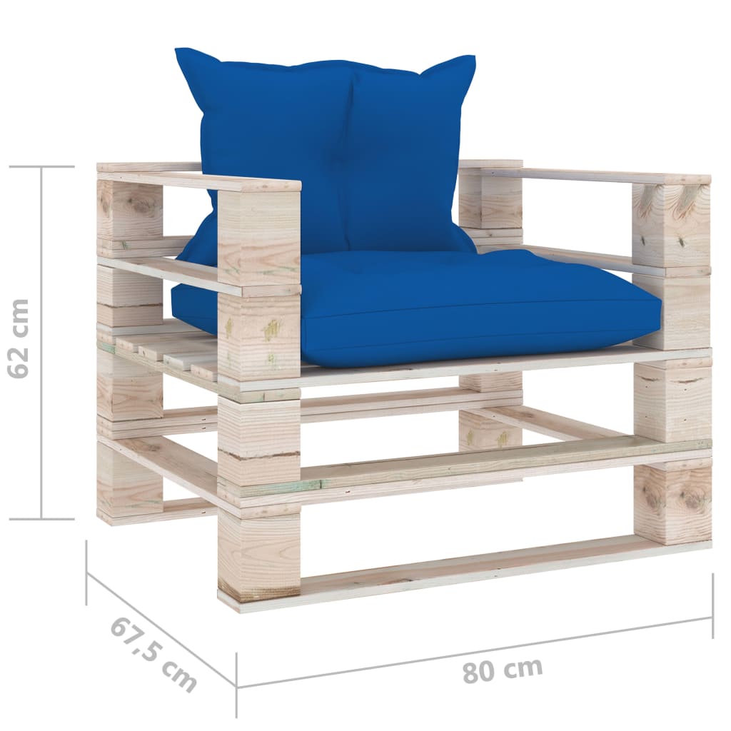 Sodo sofa iš palečių su mėlynomis pagalvėlėmis, pušies mediena