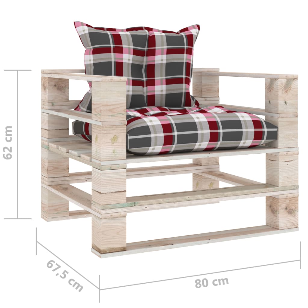 Sodo sofa iš palečių su raudonom languotom pagalvėlėm, pušis