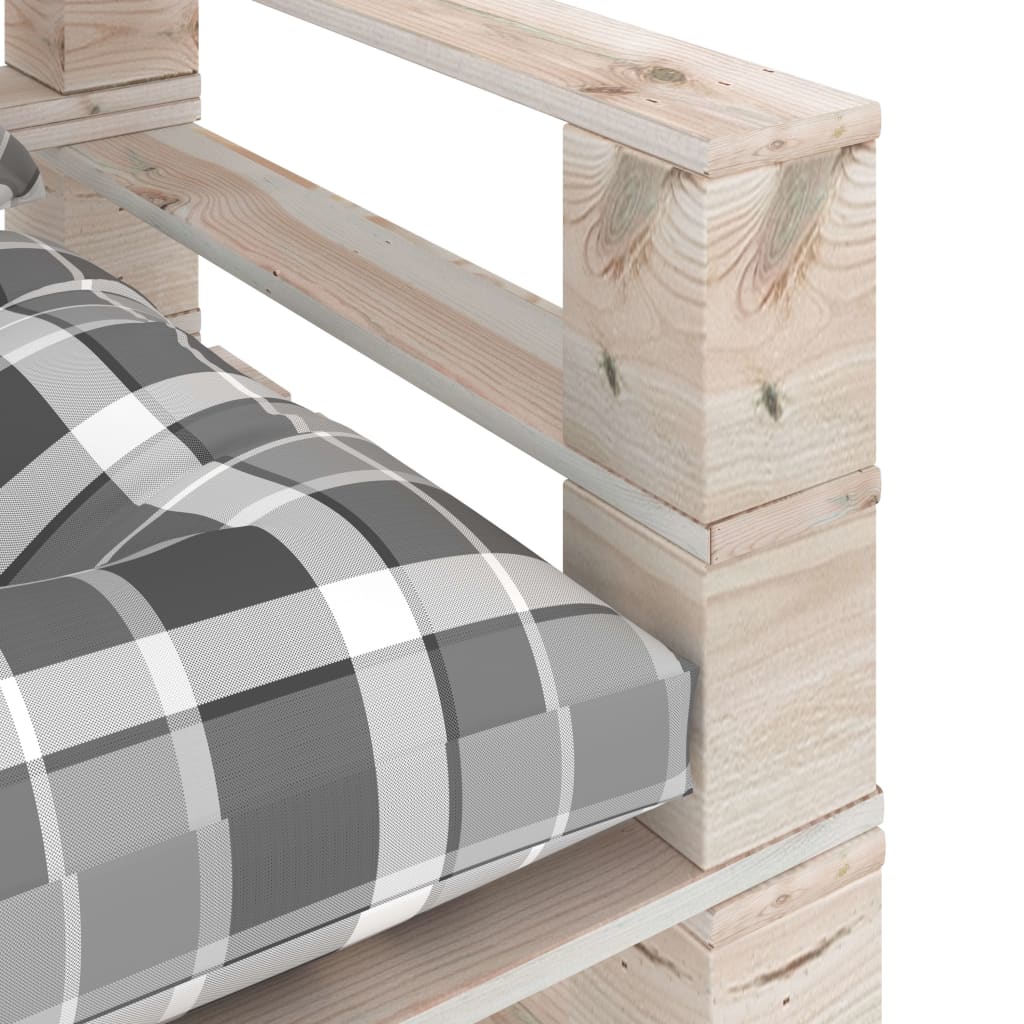 Sodo sofa iš palečių su pilkomis languotomis pagalvėmis, pušis