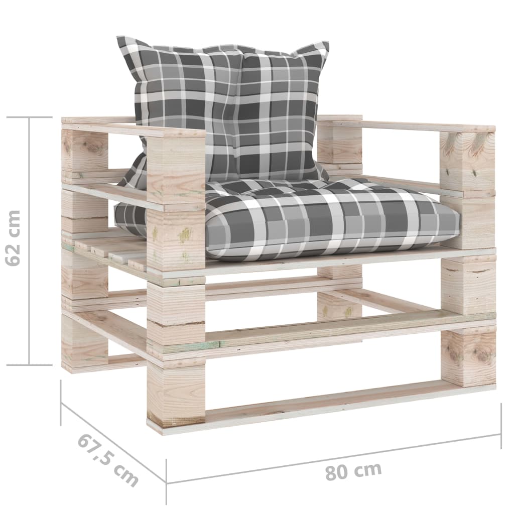 Sodo sofa iš palečių su pilkomis languotomis pagalvėmis, pušis