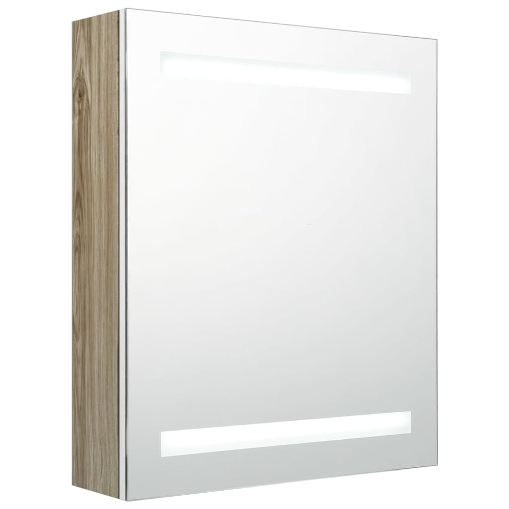 Veidrodinė vonios spintelė su LED, balta ir ąžuolo, 50x14x60cm