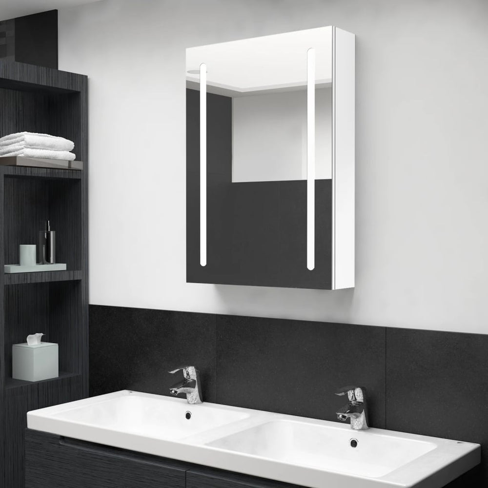 Veidrodinė vonios spintelė su LED apšvietimu, balta, 50x13x70cm