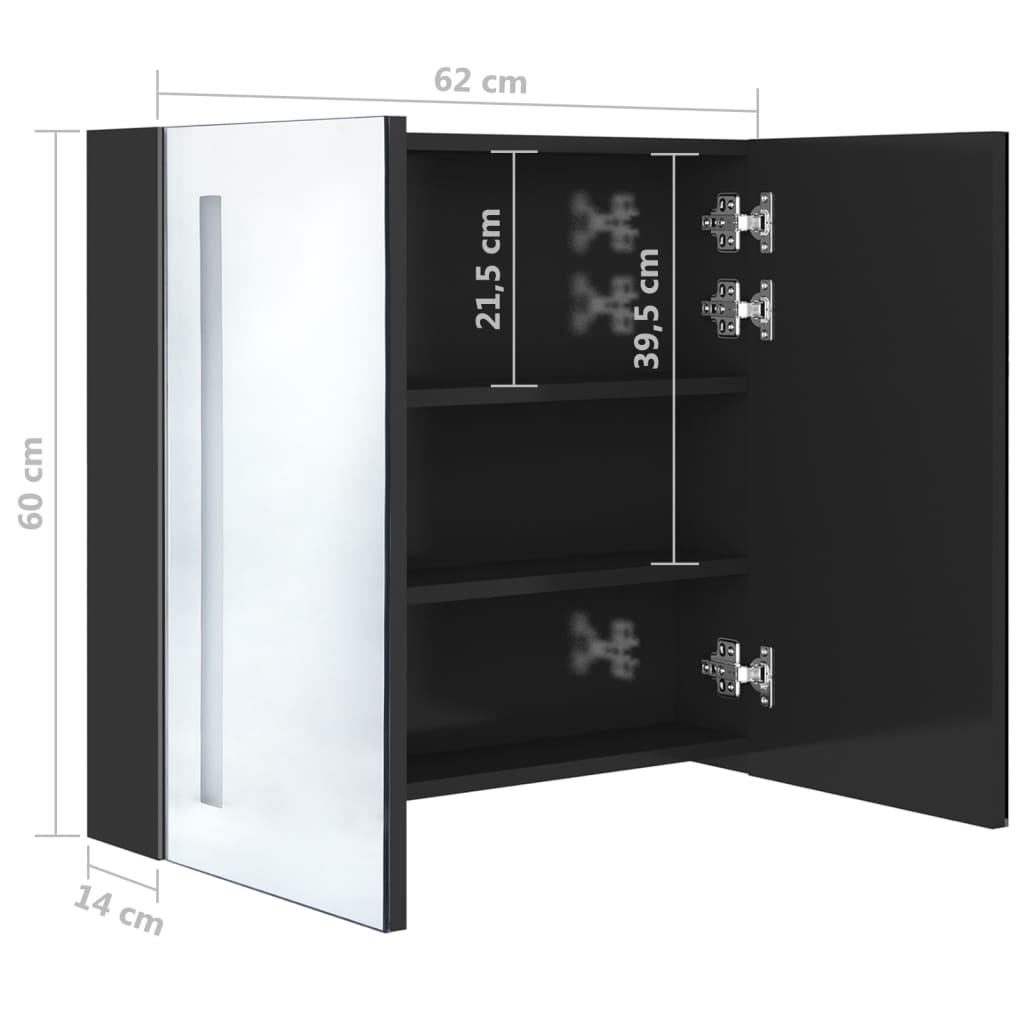 Veidrodinė vonios spintelė su LED apšvietimu, juoda, 62x14x60cm