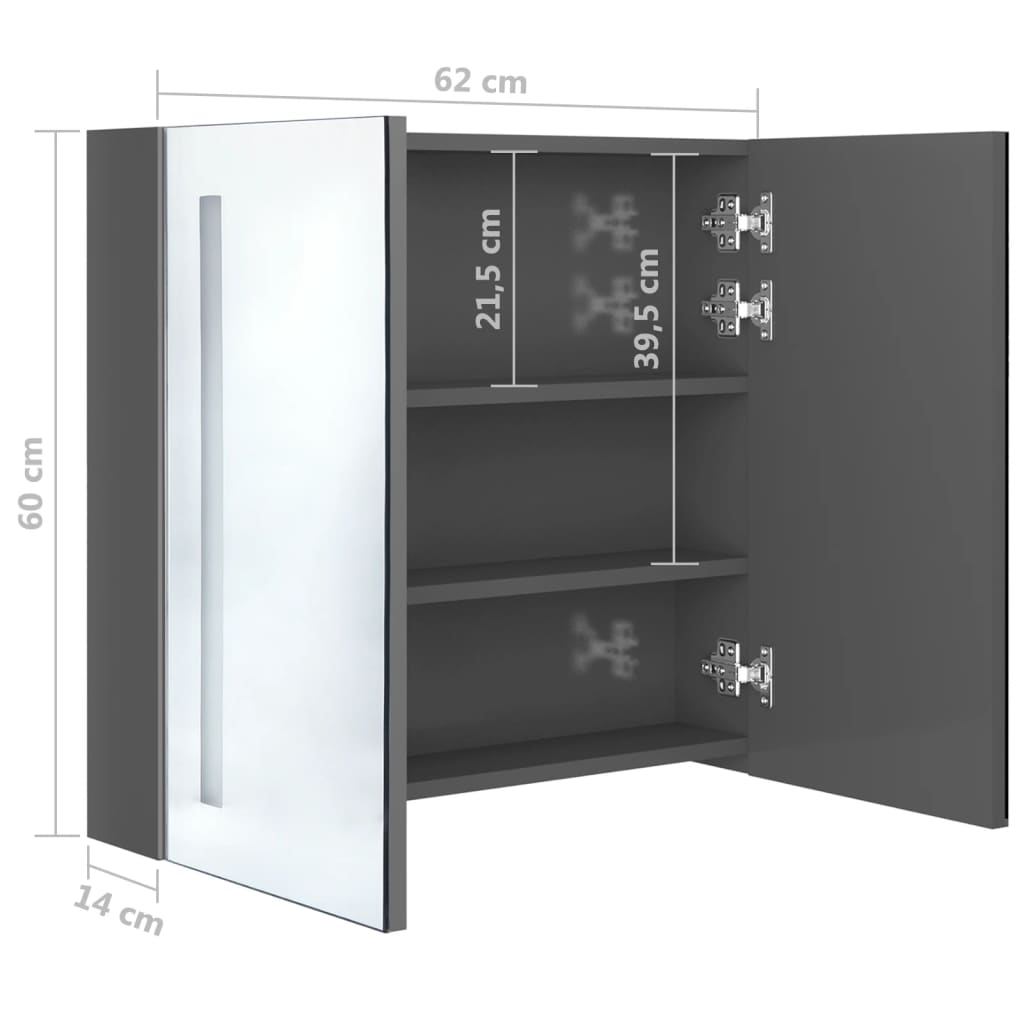 Veidrodinė vonios spintelė su LED apšvietimu, pilka, 62x14x60cm
