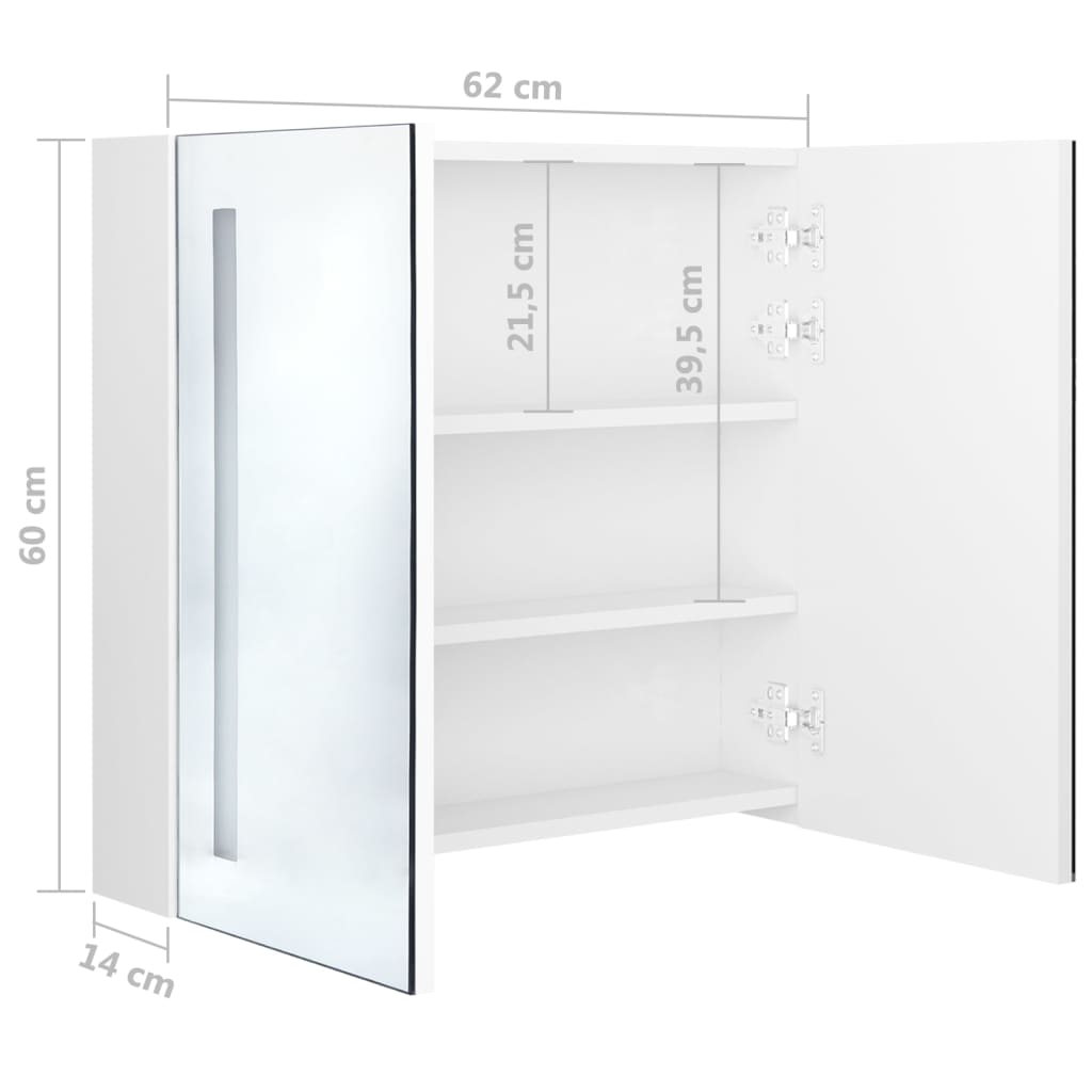 Veidrodinė vonios spintelė su LED apšvietimu, balta, 62x14x60cm