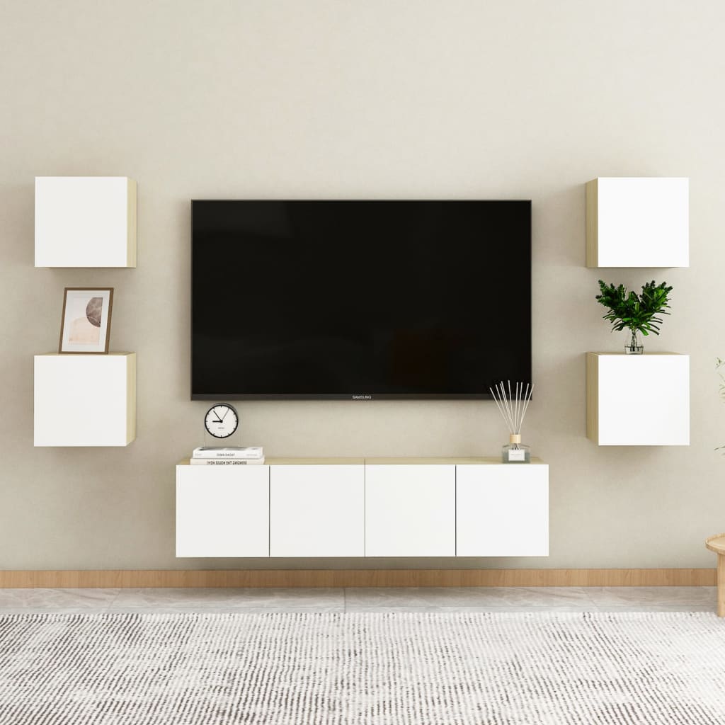 Sieninės TV spintelės, 2vnt., baltos/ąžuolo, 30,5x30x30cm